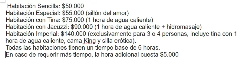 Tarifas Motel Paraiso